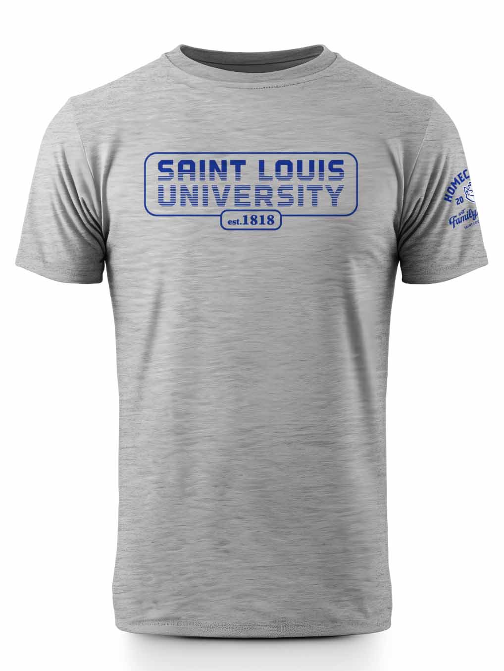 Blue text reading Saint Louis University Est. 1818 on a gray shirt